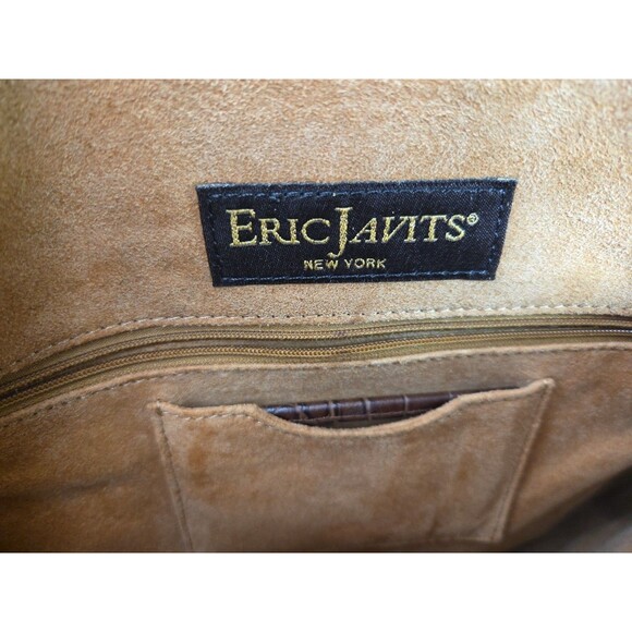Eric Javits Laptop Tote Brown Croc Embossed Leather Gold Hardware Suede Interior - Picture 8 of 11